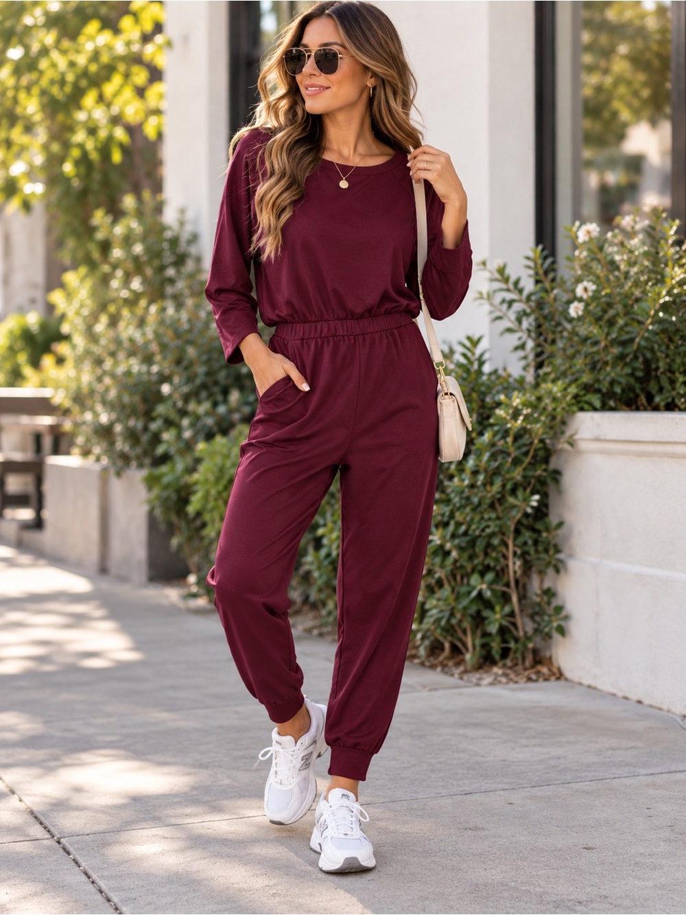 HALARA Women's Long-Sleeve Jumpsuit in Burgundy
